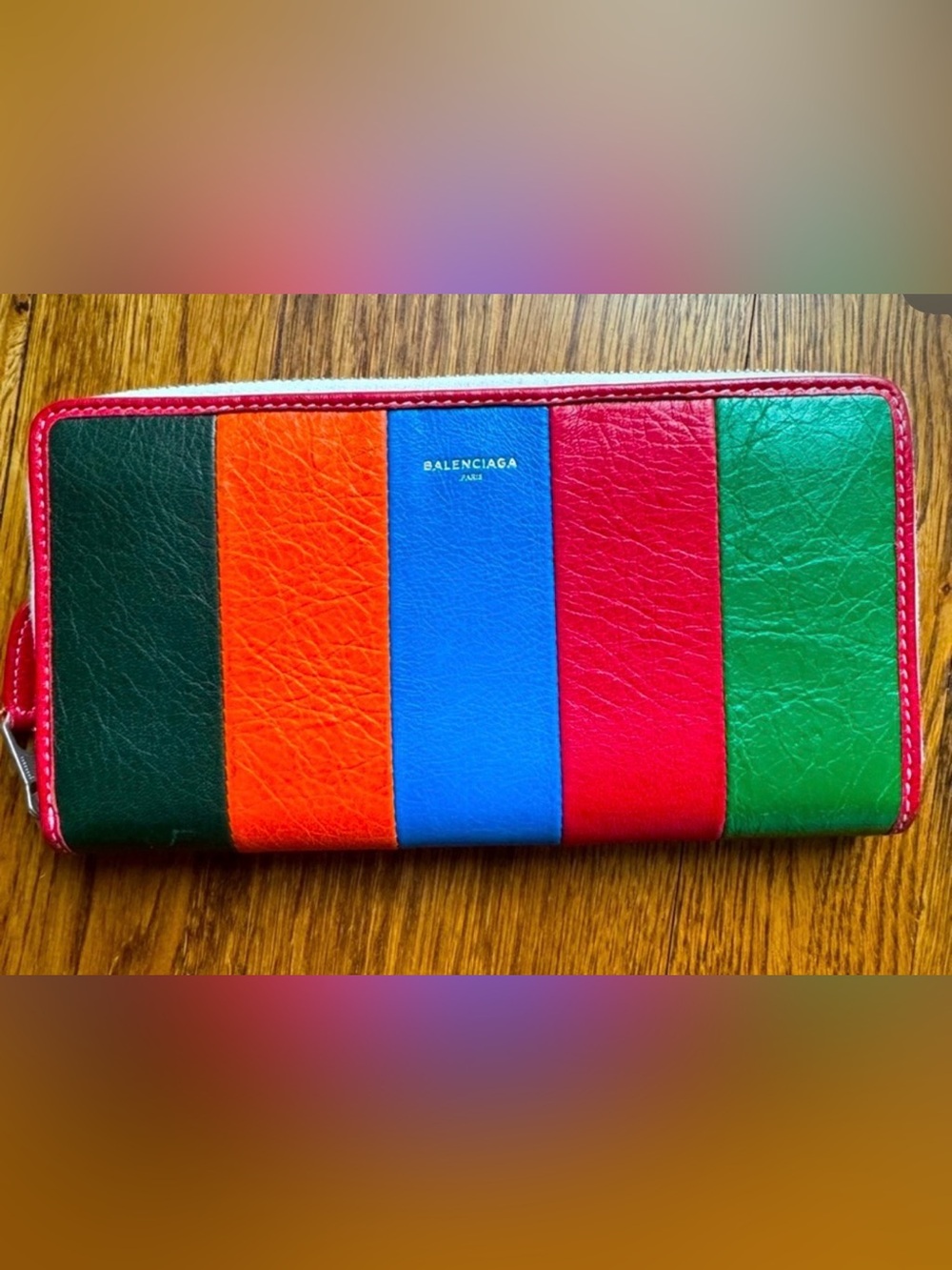 Balenciaga Multicolor Striped Leather Zip Wallet - Green/Orange/Blue/Red